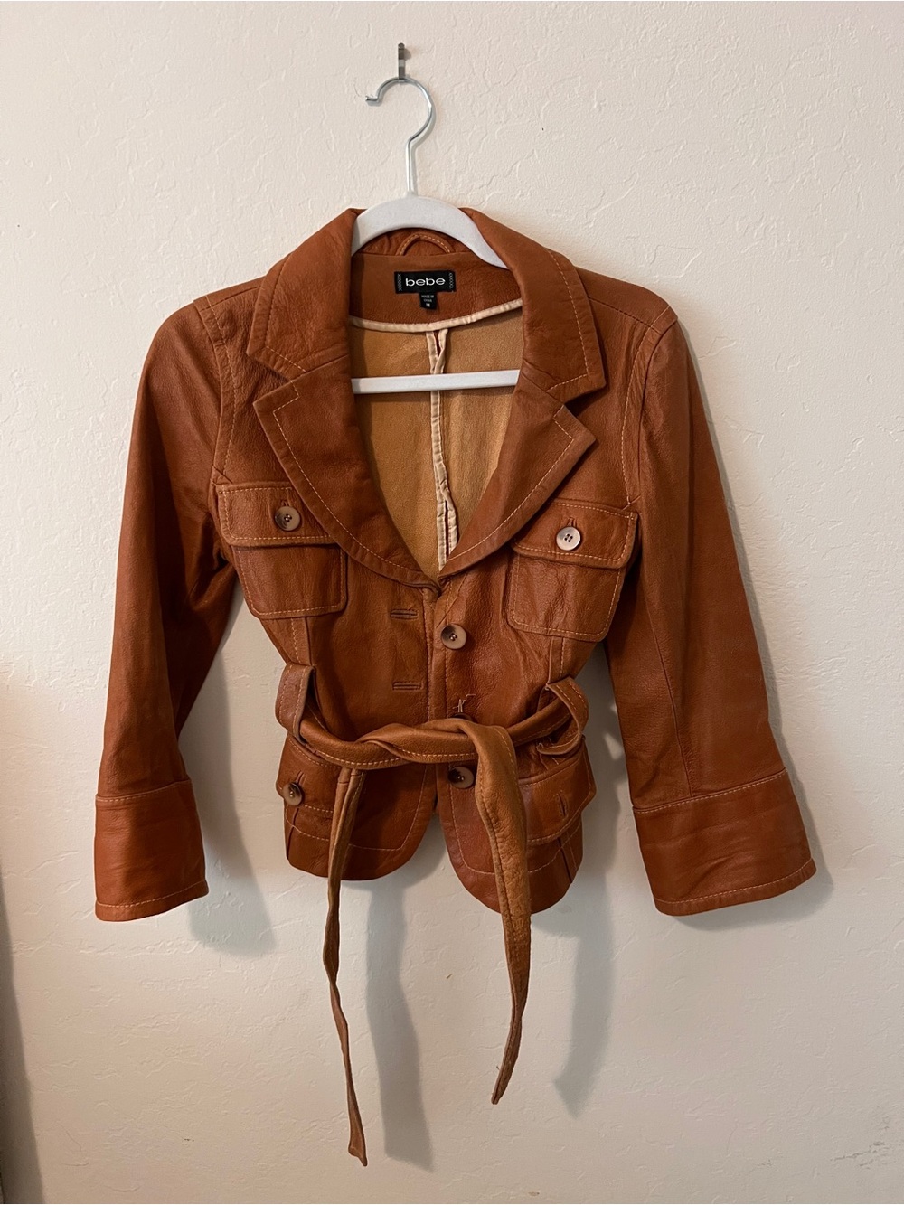 bebe Cognac Brown Leather Belted Blazer Jacket